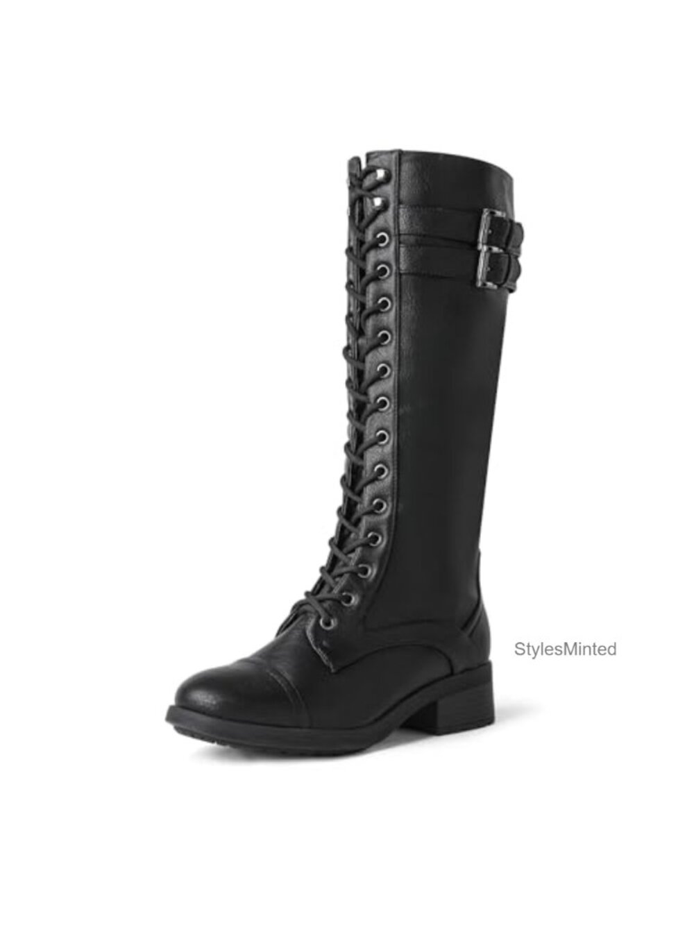 Faux Leather Knee High Combat Boots with Faux Fur Lining, Inner Zip, Lace Up,